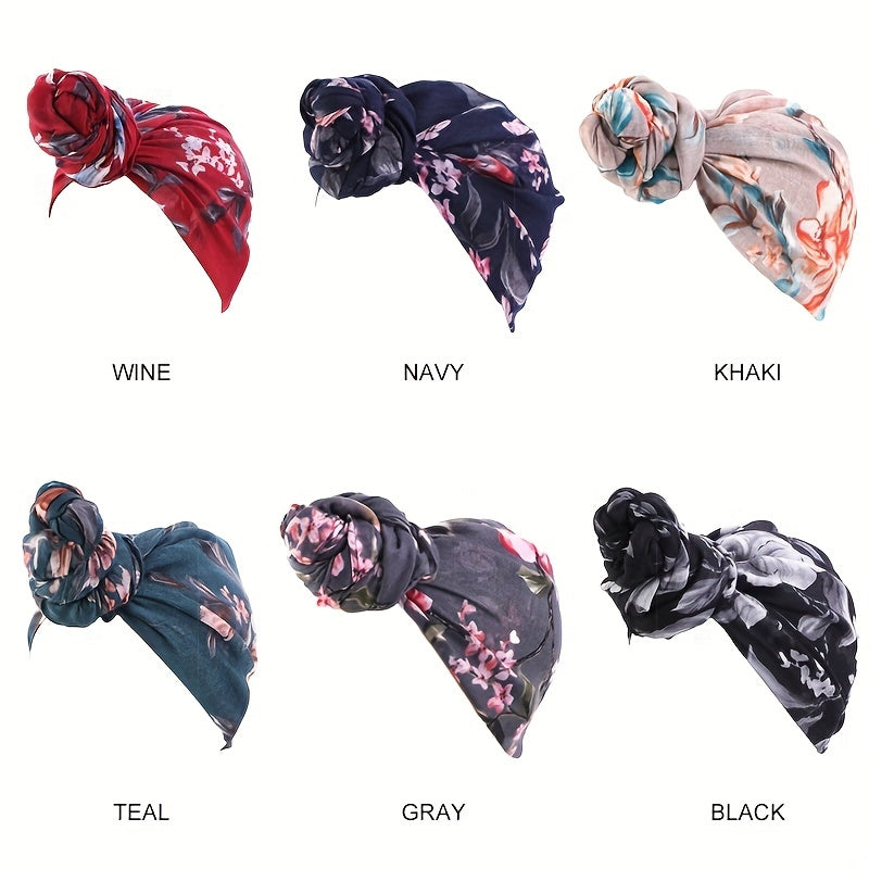 Vintage Flower Print Turban Cap Boho Twist Pleated Elastic Head Wrap