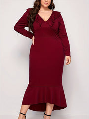 Solid Ruffle Trim V Neck Stretch Dress