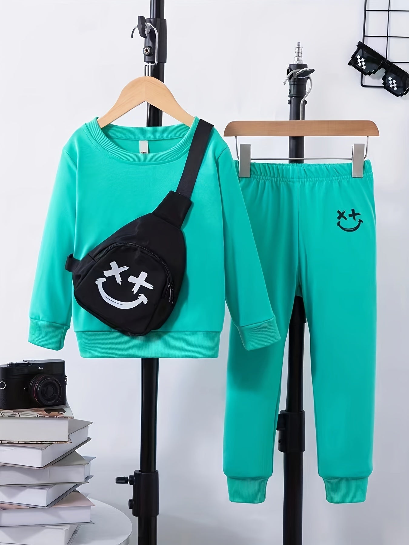 Boys 3pcs Sweatshirt & Pants & Bag Set Happy Face Print Top Casual Kids Clothes