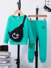 Boys 3pcs Sweatshirt & Pants & Bag Set Happy Face Print Top Casual Kids Clothes