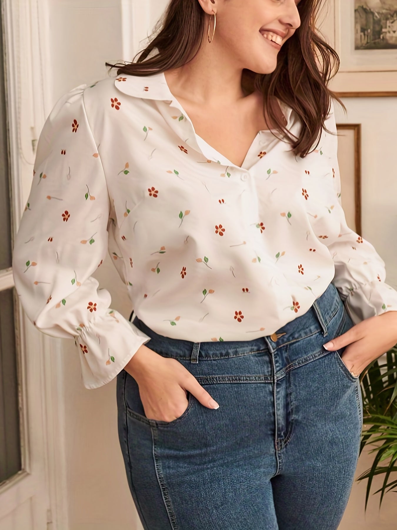 Floral Print Flounce Sleeve Button Up Plus Size Blouse