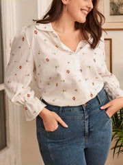 Floral Print Flounce Sleeve Button Up Plus Size Blouse