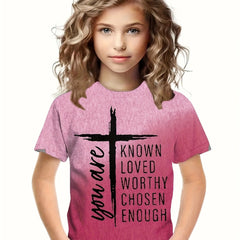 Sweet Girls Cross & Letter Print Short Sleeve T shirt Comfy Tees Pullover
