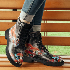 Women's Mushroom Printed Boots Halloween Lace Up Ankle Combat Boots