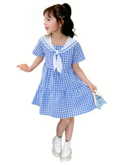 Girls Plaid Dress Short Sleeve Casual Cotton Kids Summer Clothing