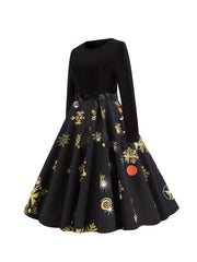 Snowflake Print Knot Front Long Sleeve Round Neck A line Maxi Dress