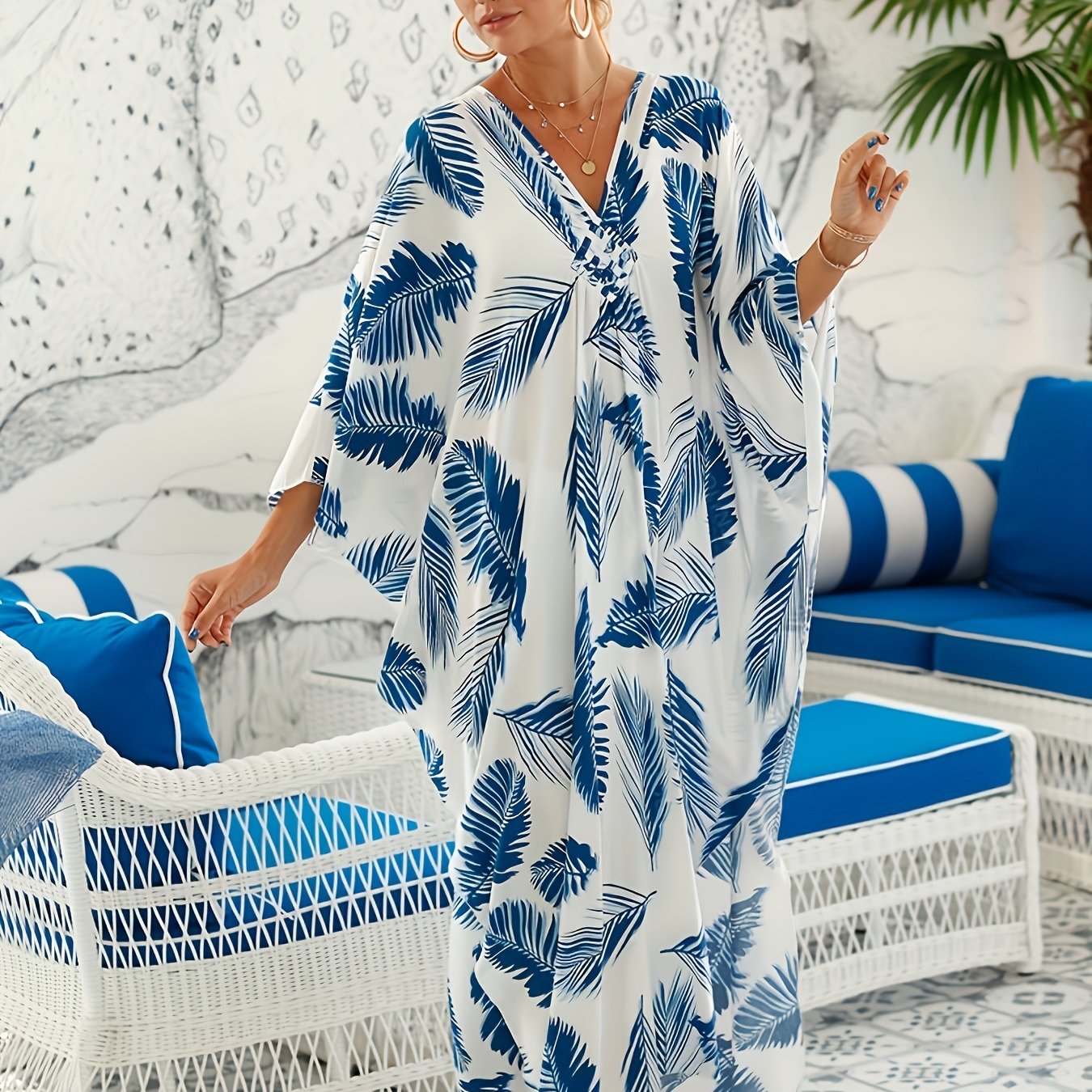 Leaf Print Cover Up Dress V Neck Bat Sleeve Vacation Wear