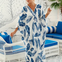 Leaf Print Cover Up Dress V Neck Bat Sleeve Vacation Wear