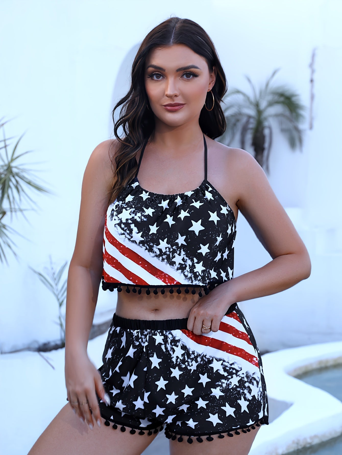 Flag Print Halter Top & Shorts Swimsuit Set