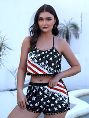 Flag Print Halter Top & Shorts Swimsuit Set