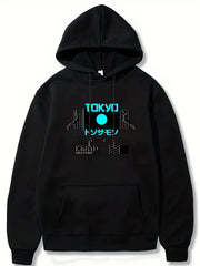 Japanese Tokyo Print Men's Round Neck Hooded Sweatshirt for Autumn Winter