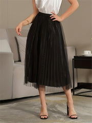 Beaded Mesh A Line High Waist Skirt Solid Pleated Women's Clothing