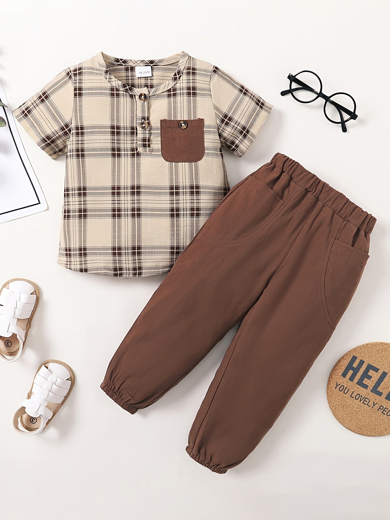 Boys Plaid Outfit Long Pants & Polo Shirt Short Sleeves Casual Kids Clothes