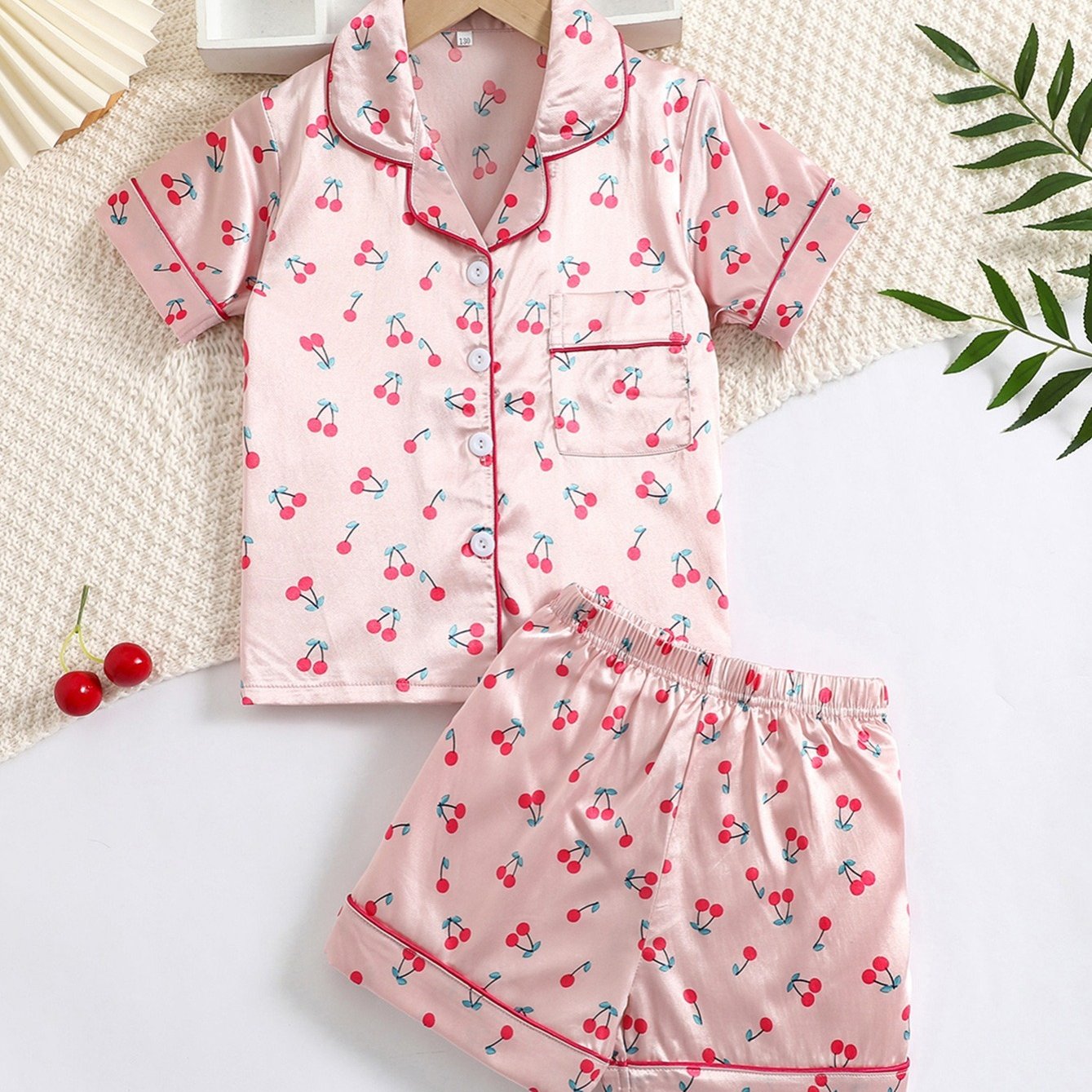 Girls Cherry Print Satin Pajama Set with Lapel Neck