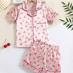 Girls Cherry Print Satin Pajama Set with Lapel Neck