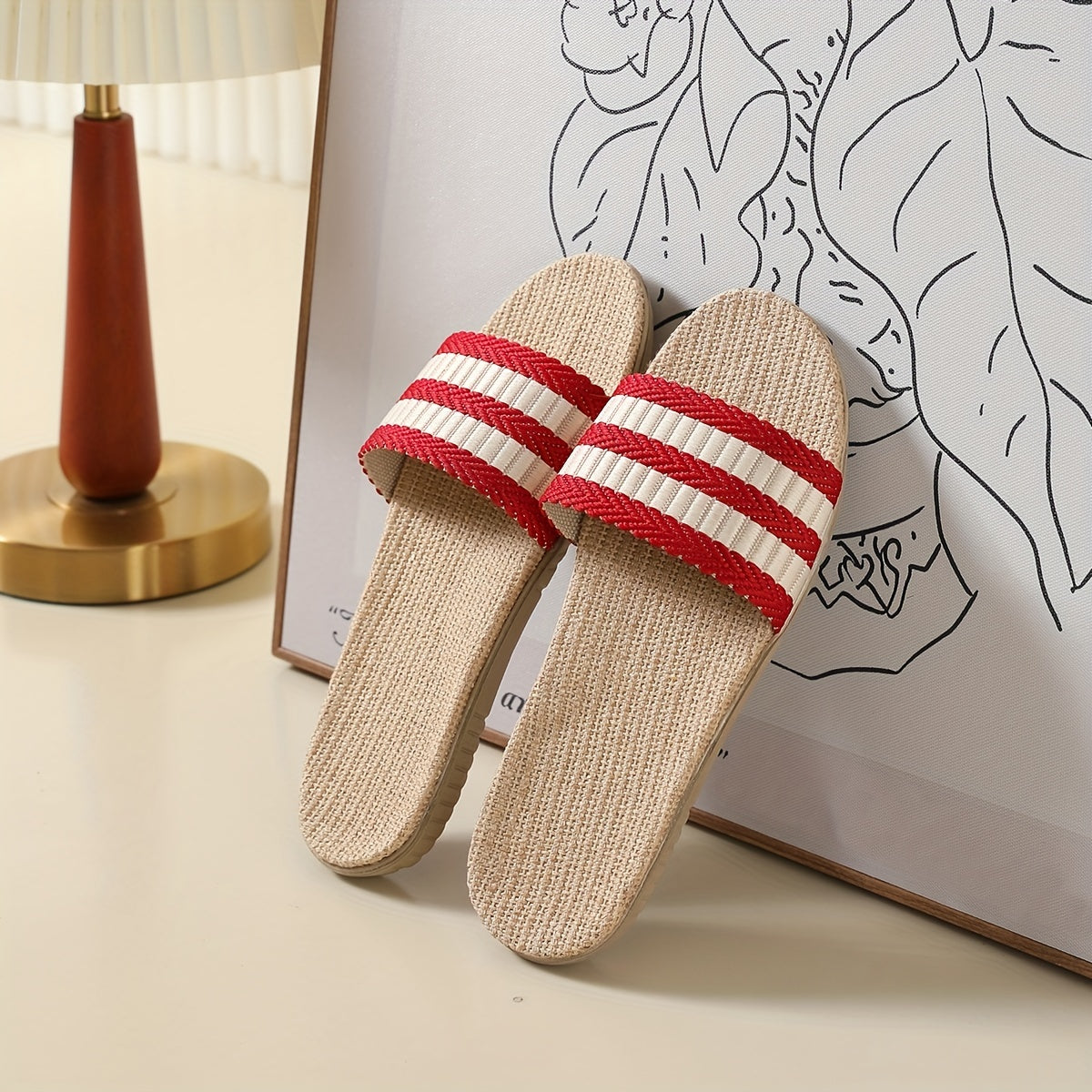 Women's Striped Linen Slides Breathable Open Toe Non Slip Shoes
