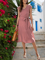 Polka Dot Print Dress Casual V Neck Short Sleeve Midi Dress