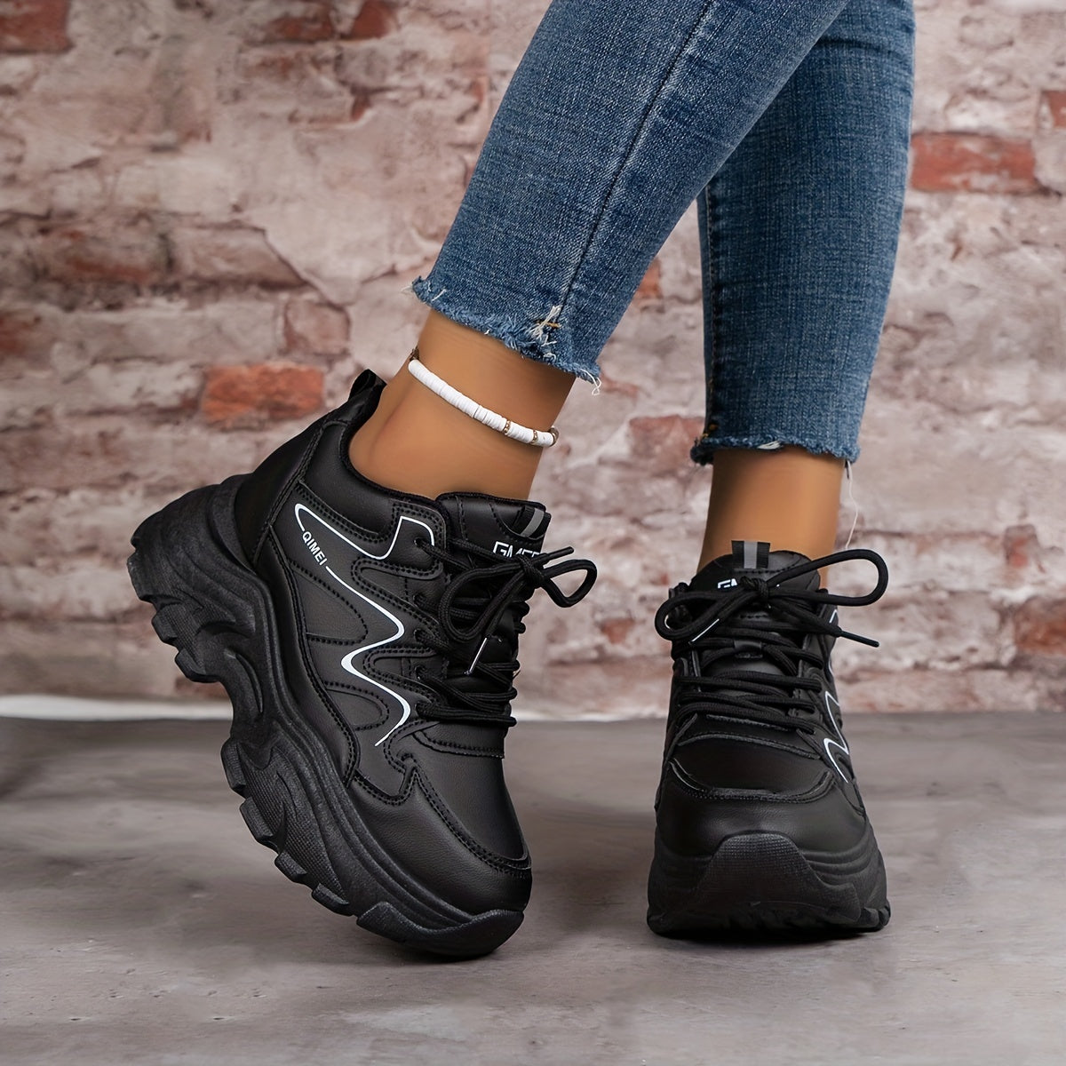 Women's Thick Bottom Sports Shoes Casual Solid Sneakers Lace Up Platform