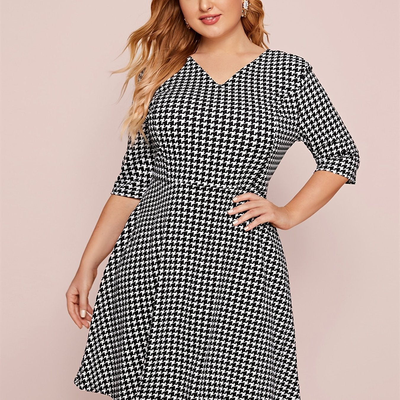 Houndstooth V Neck Midi Dress Women's Stretch Dress
