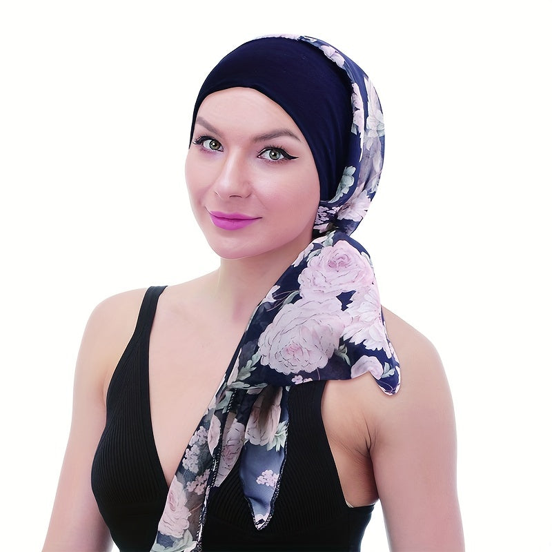 Floral Print Chiffon Bonnet Long Hair Lace Up Head Scarf
