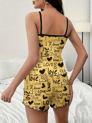 Letter Print Pajama Set Crew Neck Cami Top & Shorts