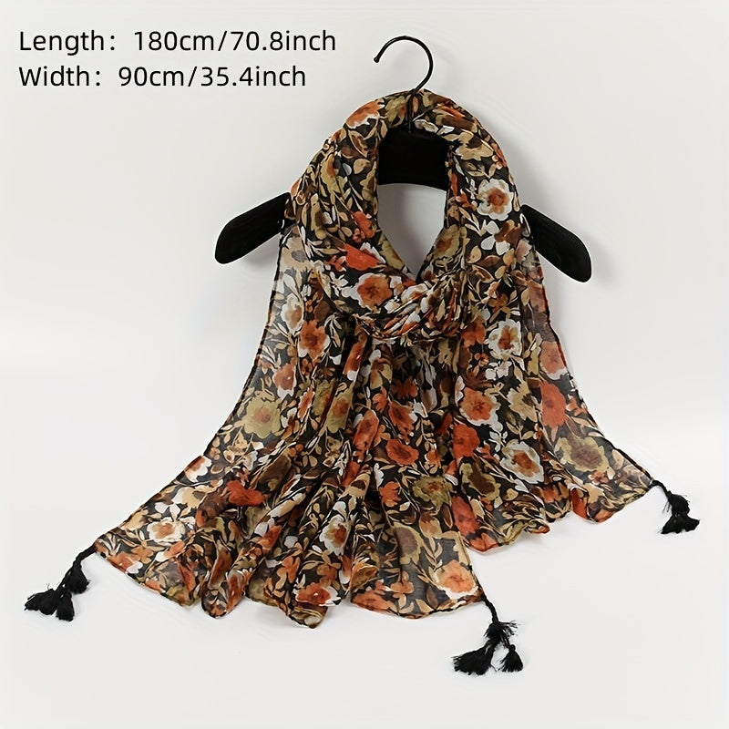 Plant Flower Print Scarf Vintage Soft Sunscreen Tassel Shawl Thin...