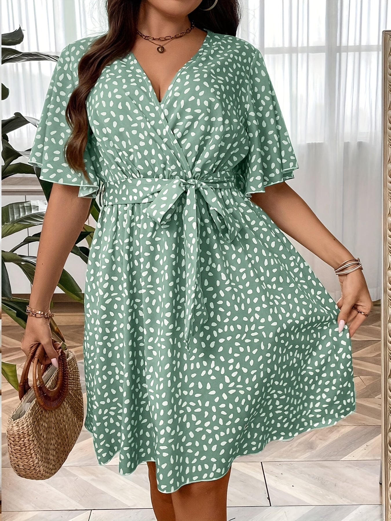 Ruffle Sleeve Surplice Neck Belted Knee Length Dress