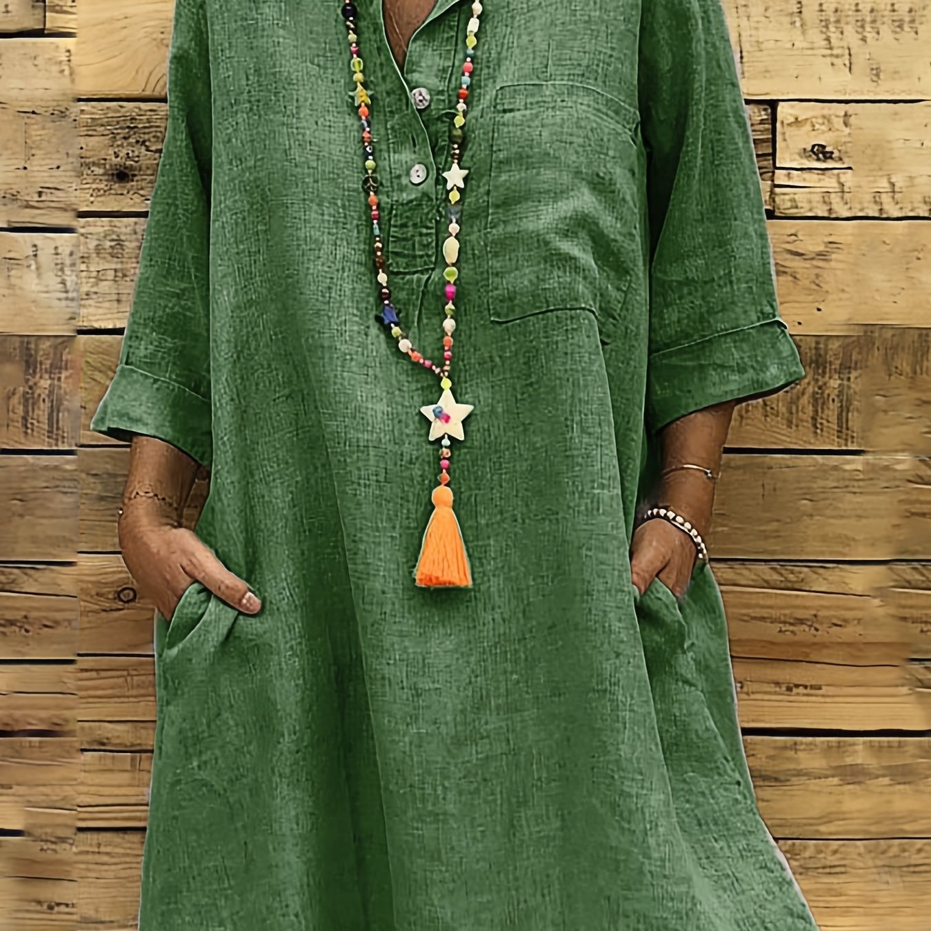 Solid Button Front Dress Casual 3 4 Sleeve Dress With Pockets Women's Clothing