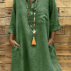 Solid Button Front Dress Casual 3 4 Sleeve Dress With Pockets Women's Clothing