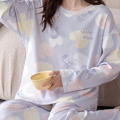 Heart Print Pajama Set Long Sleeve Crew Neck Top & Elastic Waistband Pants