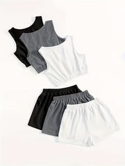 6 Pack Plus Size Loungewear Set Solid Crop Tank Top & Tie Shorts