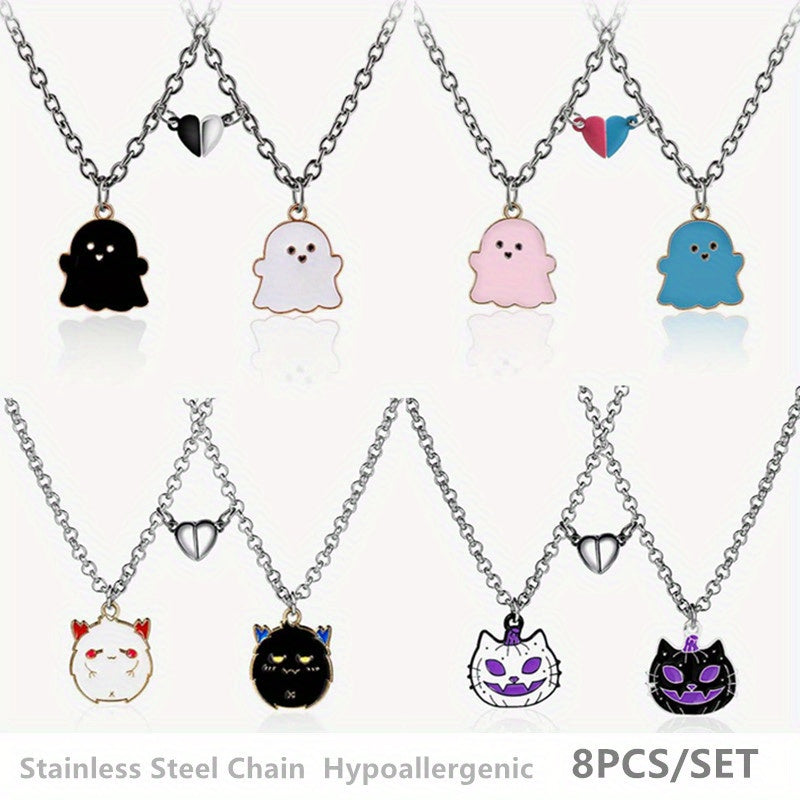 8pcs Magnetic Skull Pumpkin Ghost Pendant Necklace Set Halloween Jewelry