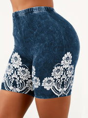 Women's Stretch Floral & Denim Print High Rise Leggings Shorts