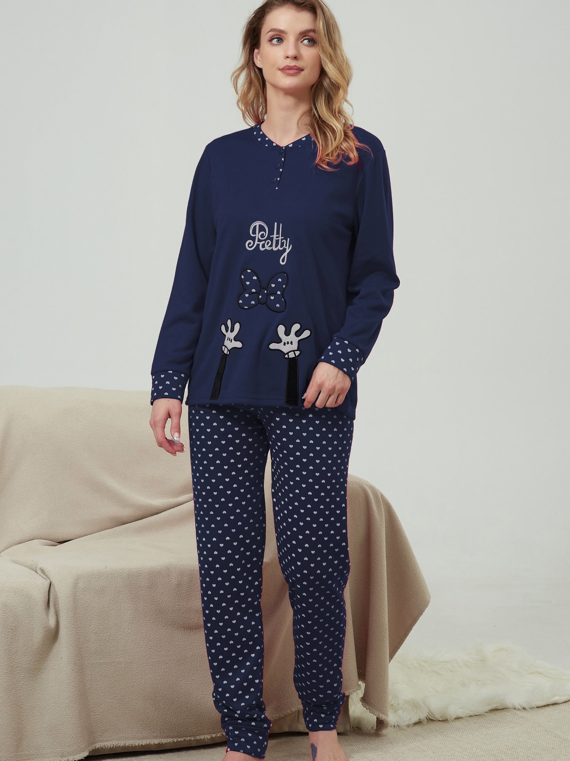 Heart Pattern Pajamas Long Sleeve Top & Pants Women's Loungewear