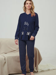 Heart Pattern Pajamas Long Sleeve Top & Pants Women's Loungewear