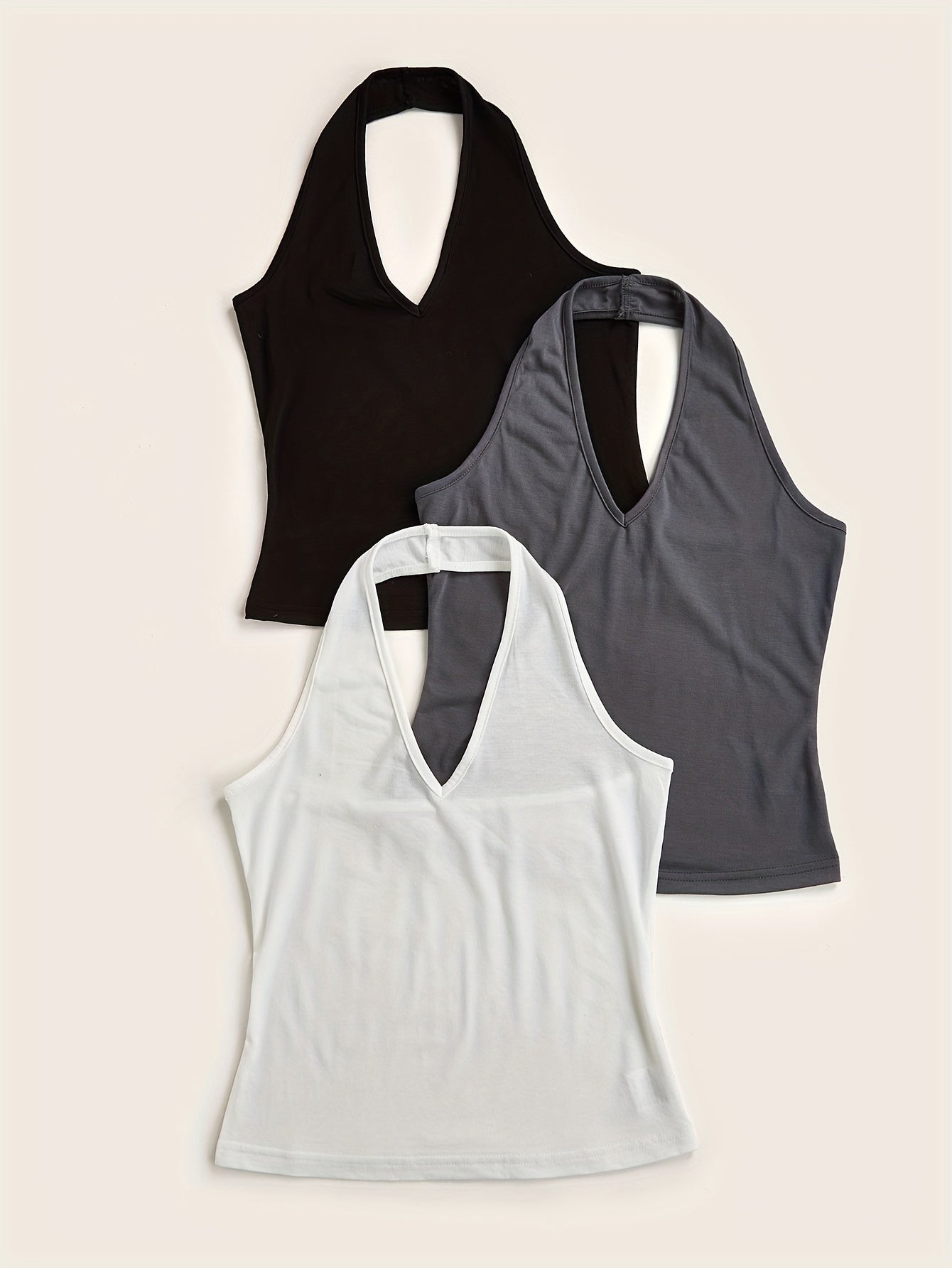 3 Pack Solid V Neck Halter Tops