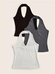 3 Pack Solid V Neck Halter Tops