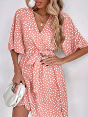 Floral Print Tie Front Dress V Neck Short Sleeve Dress Casual
