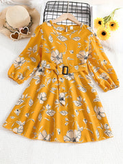 Floral Print Flounce Sleeve Belted Dress