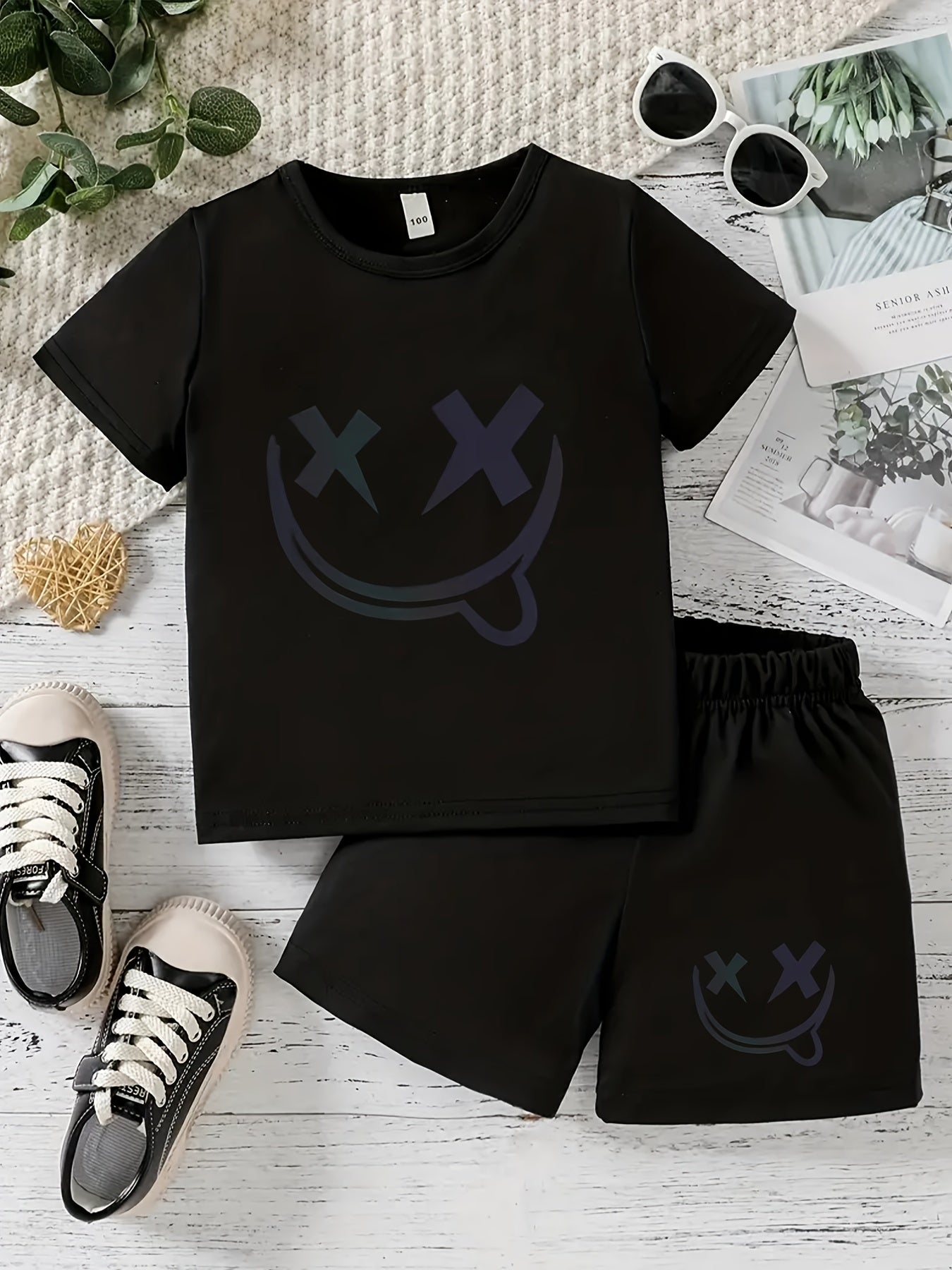 Boys Fun Smile Graphic Print Short Sleeve T-shirt & Shorts Set