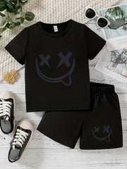 Boys Fun Smile Graphic Print Short Sleeve T-shirt & Shorts Set
