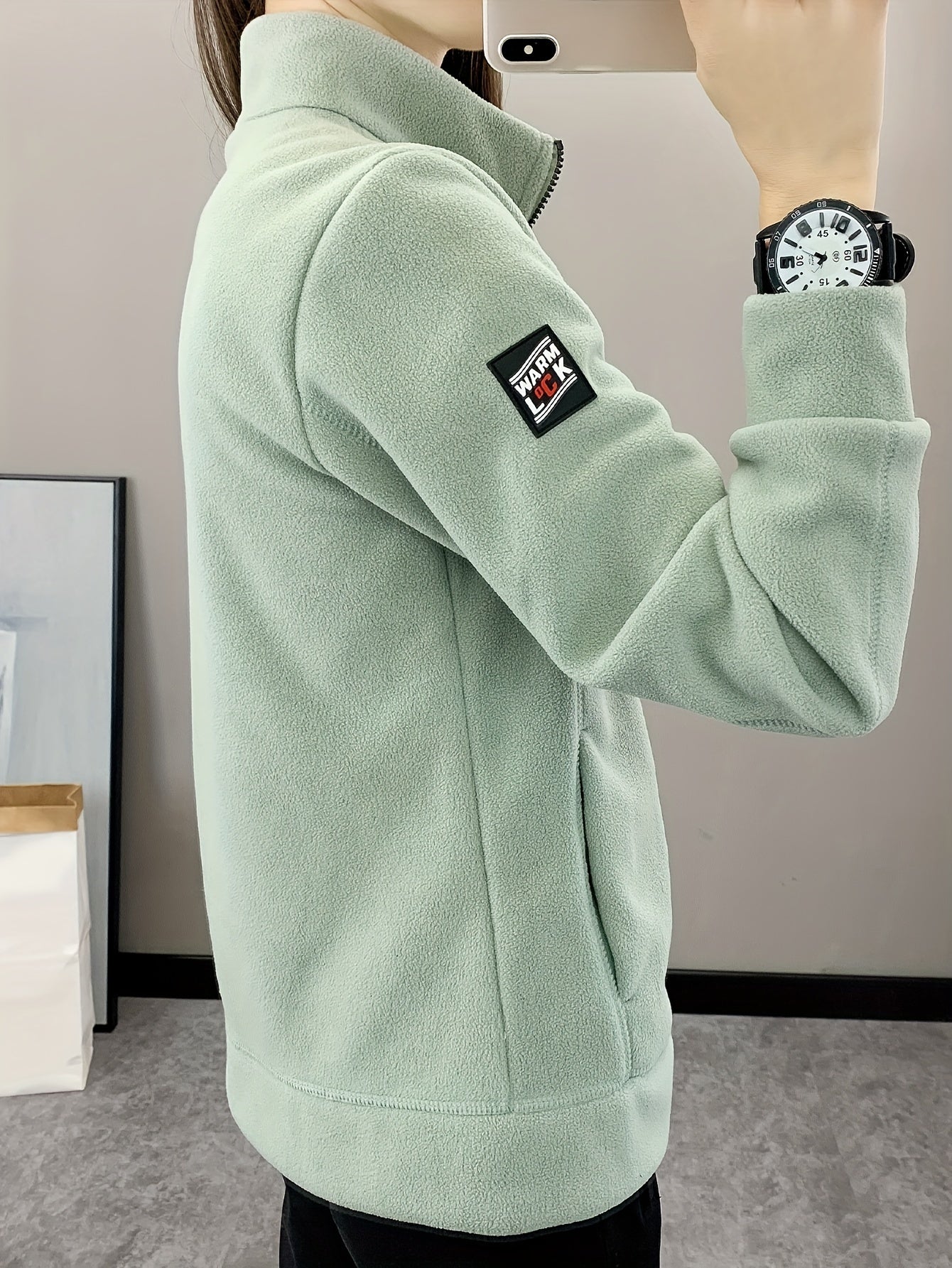 Letter Pattern Outdoor Jacket Long Sleeves Mock Neck Fleece Liner Coat