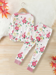Floral Pattern Kid's Pajamas 2pcs Set Long Sleeve Top & Pants
