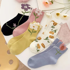 5 Pairs 3D Flower Mid-tube Crew Socks for Women