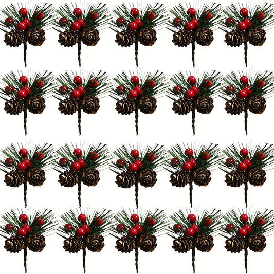 5pcs Artificial Pine Paddles Small Berries Pine Cones Christmas Decor