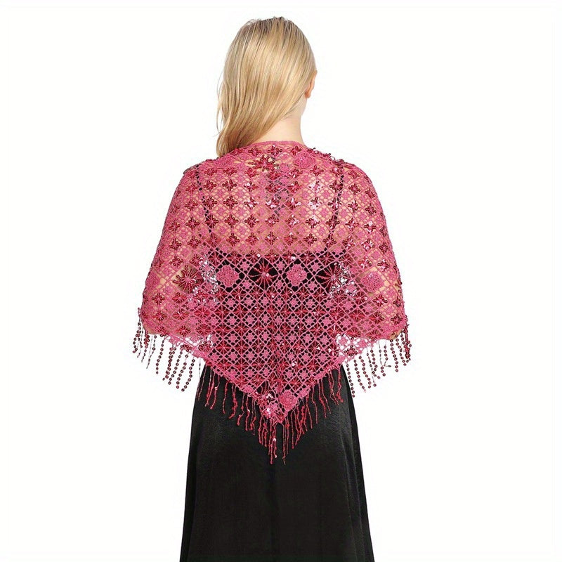 Sequin Decor Triangle Scarf Floral Hollow Out Solid Shawl