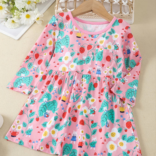 Girls Casual Cartoon Print Cotton Long Sleeve Dress