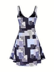 Retro Dress Patchwork Print Lace Trim A-line Cami Dress