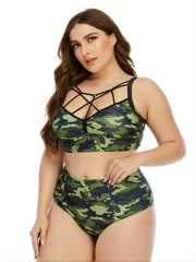 Camo Criss Cross Bikini Set Women's Plus High Waist Push Up Swimsuit
