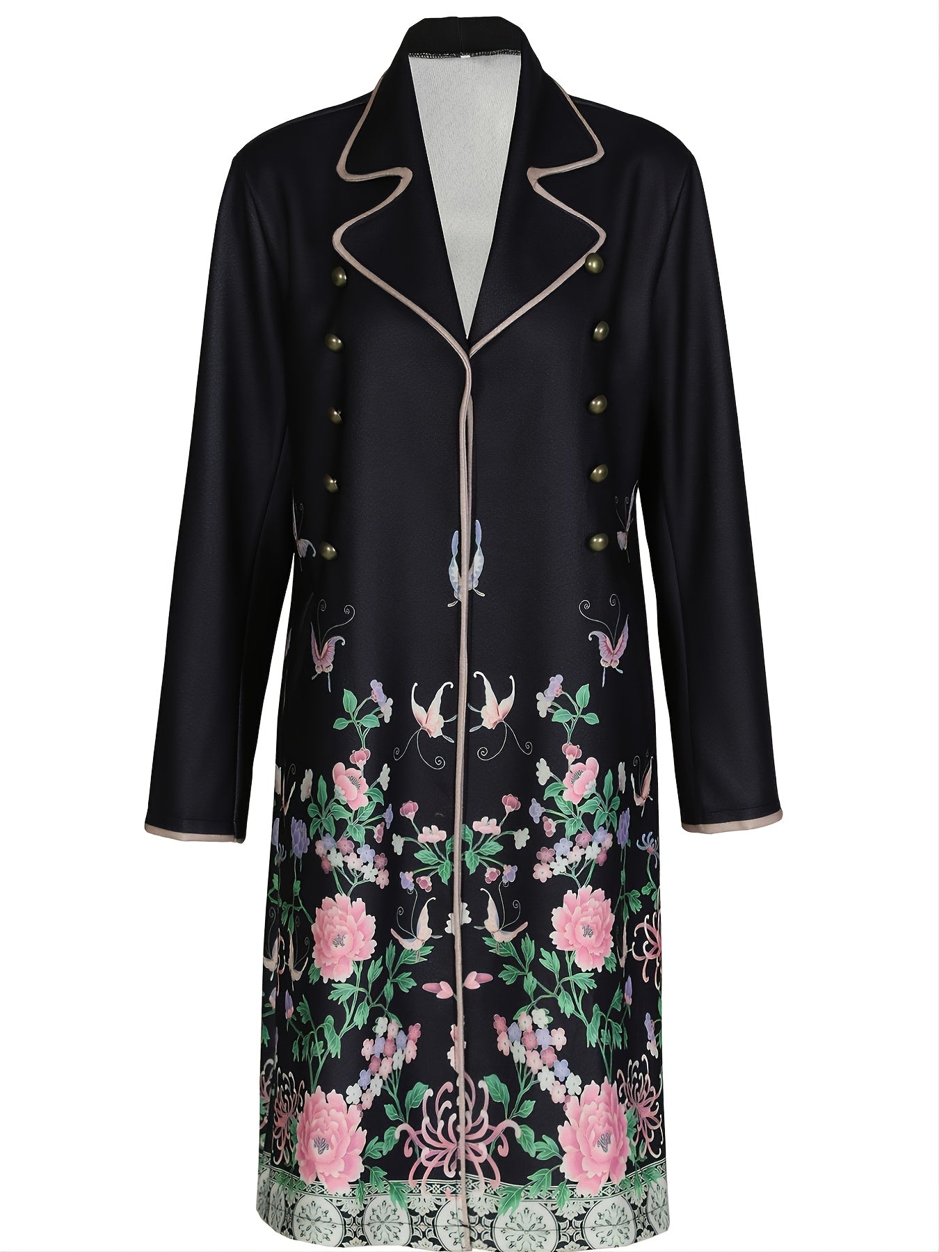 Floral Print Mid Length Coat Lapel Long Sleeve Button Coat